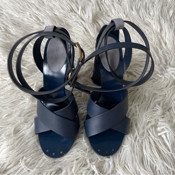 GUCCI Leather Suede Calfskin Candy Blue Marine Crossover Strap Heeled Sandals 38 - Picture 5 of 12
